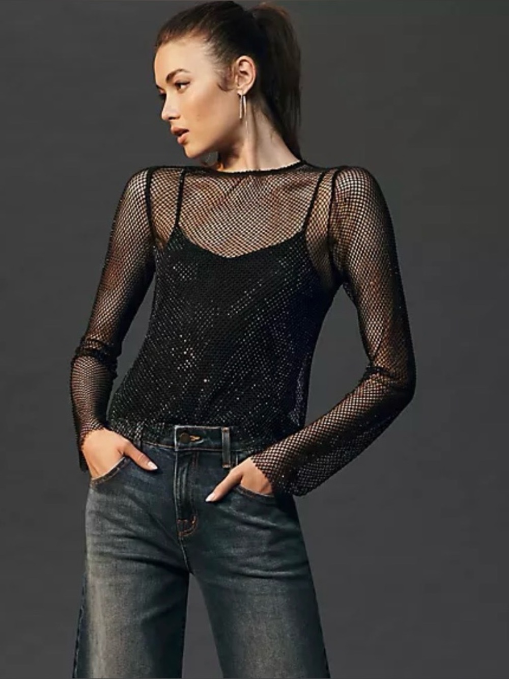 Sheer Black Mesh Long-Sleeve Top